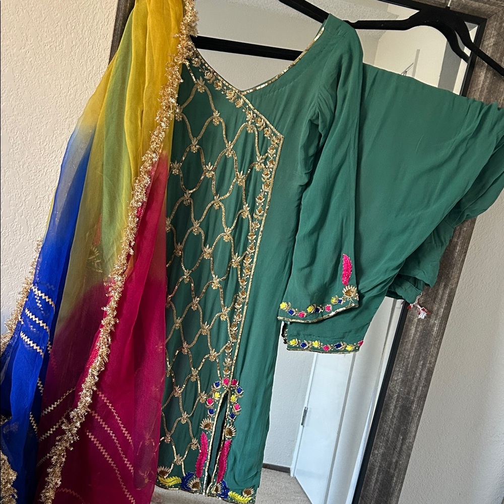 Vibrant Green Dress with Colorful Dupatta Indian suit Punjabi suit party outfit